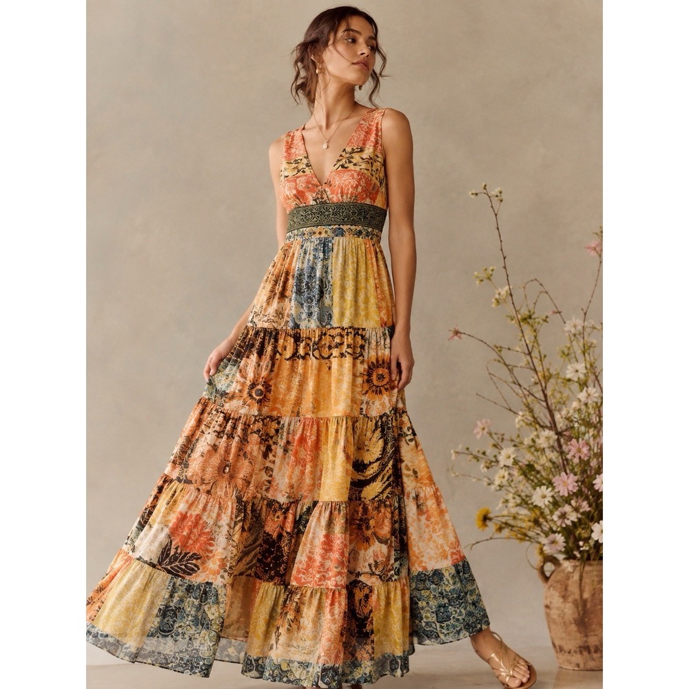 NWT Anthropologie Geisha Designs Rosalinda Patchwork Beaded Maxi Dress Sz S Boho